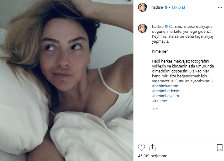 Hadise’den makyajsız yatak paylaşımı